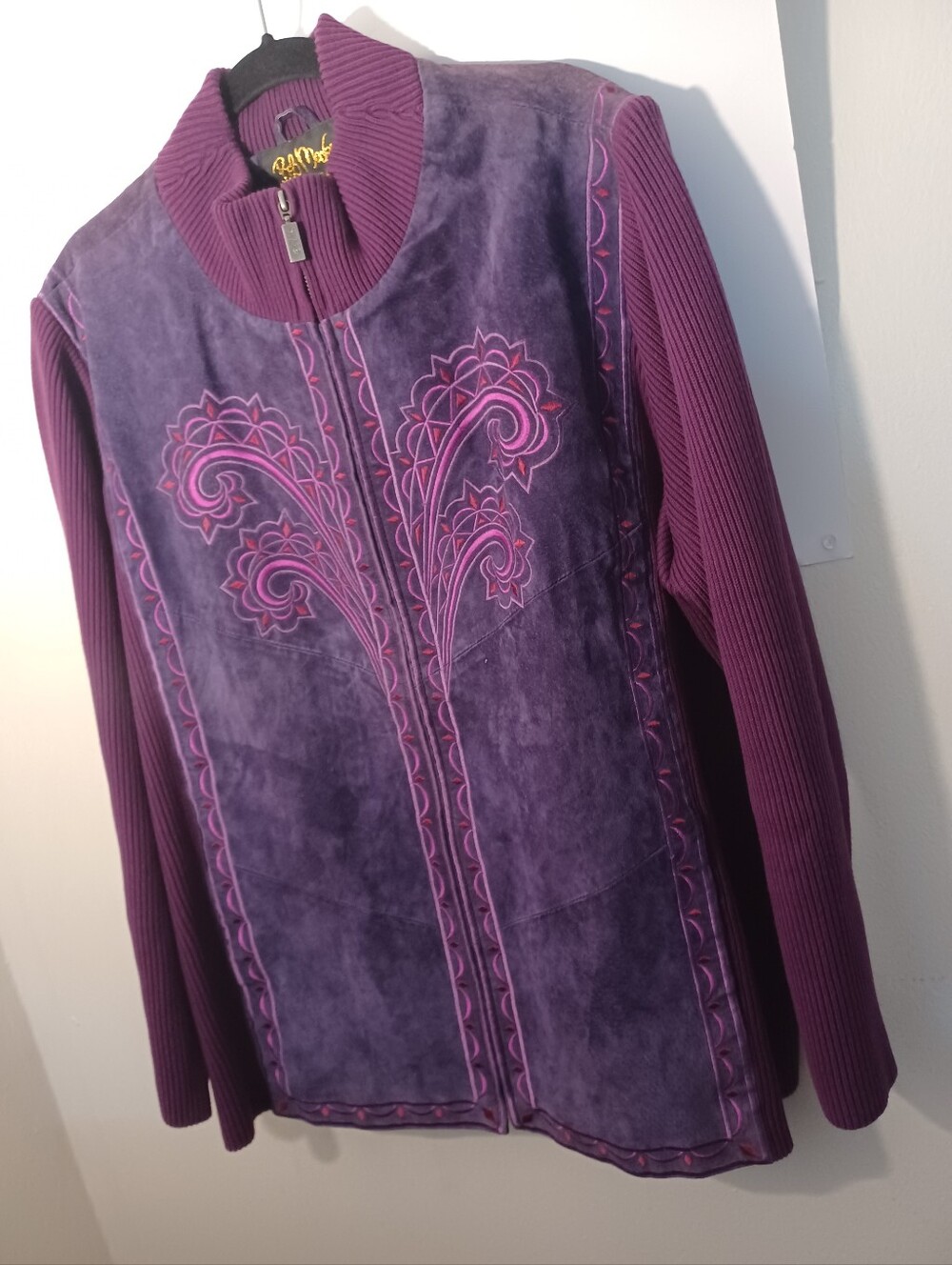 Bob Mackie Leather Purple Embroidered Zip-Front Women's Jacket 3X